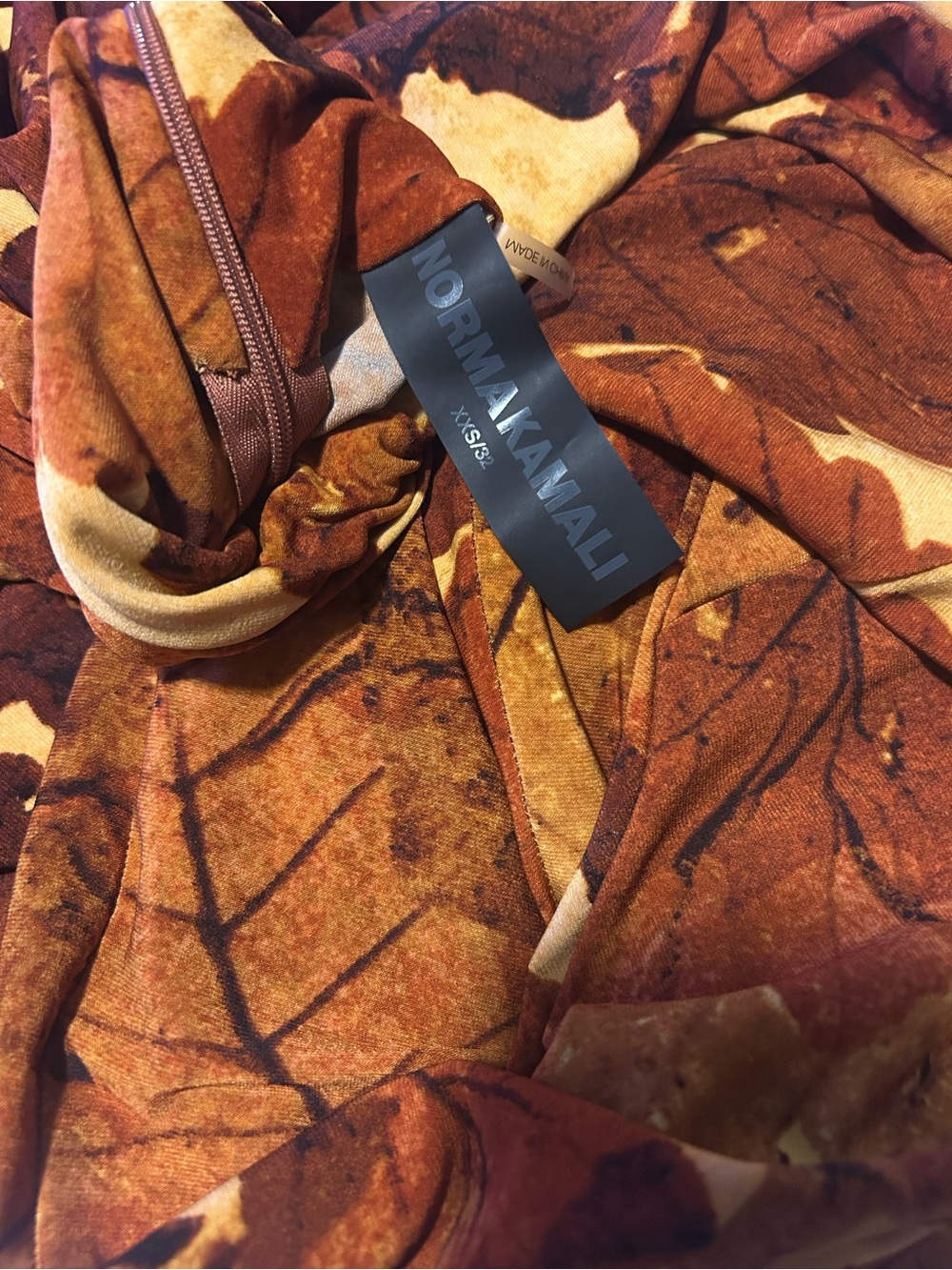 Norma Kamali Leaf-Print Dress in Orange and Tan